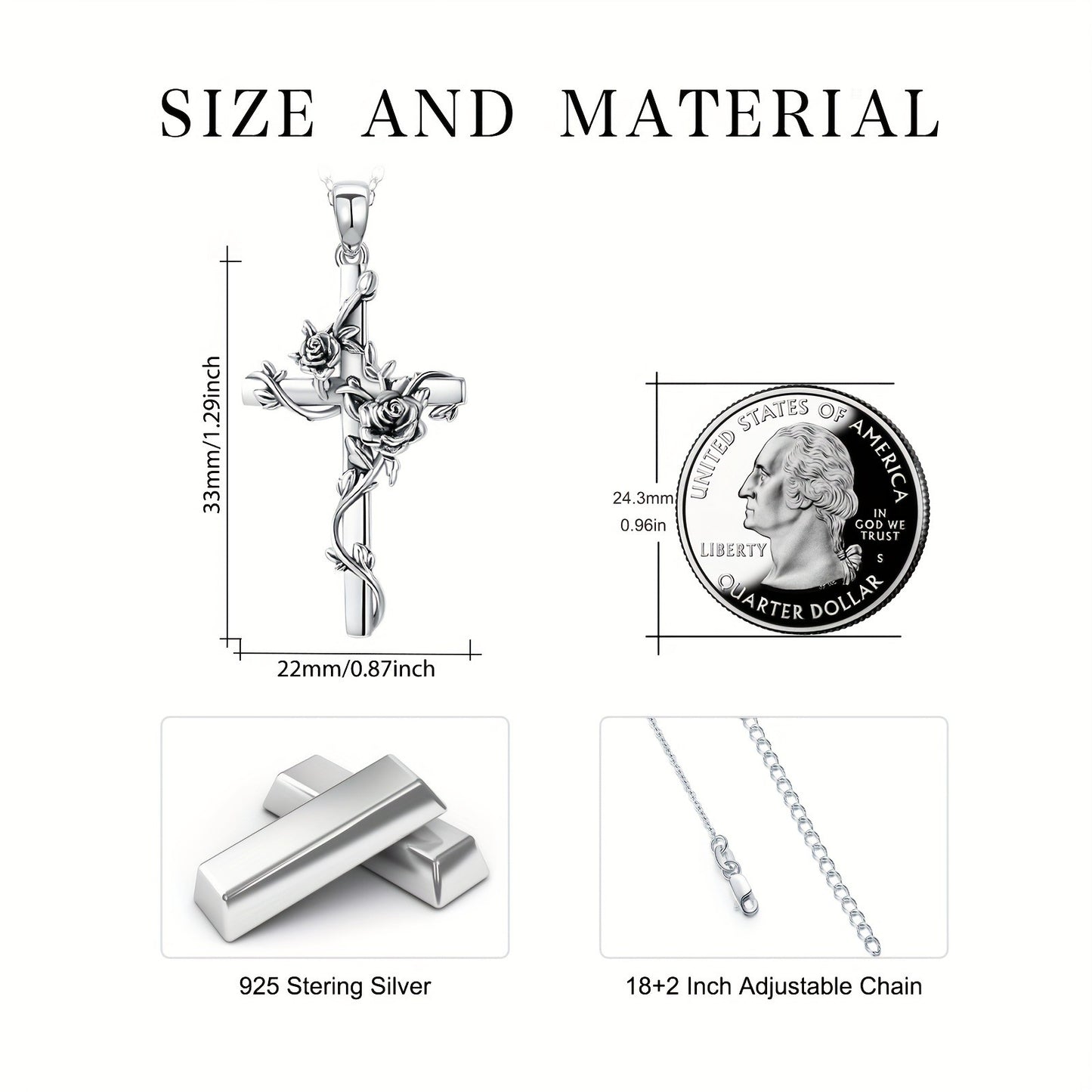 925 Sterling Silvery Rose Crose Pendant Cross Necklace for Women