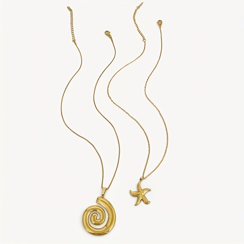 18K Golden-Plated Stainless Steel Starfish & Conch Pendant Necklace - Bohemian Style, Waterproof, Ideal for Daily Wear, All-Season Accessory, Bohemian Jewelry|Elegant Accessory|Durable Allo