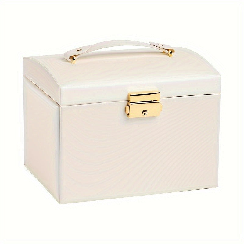1pcPortable Jewelry Organizer Box with Built-in Mirror, Double Drawer Storage & Key Lock - 6.9" Faux Leather Travel Case for Necklaces, Rings, Earrings, Watches - Multi-Compartment Fabric-Lined Interior