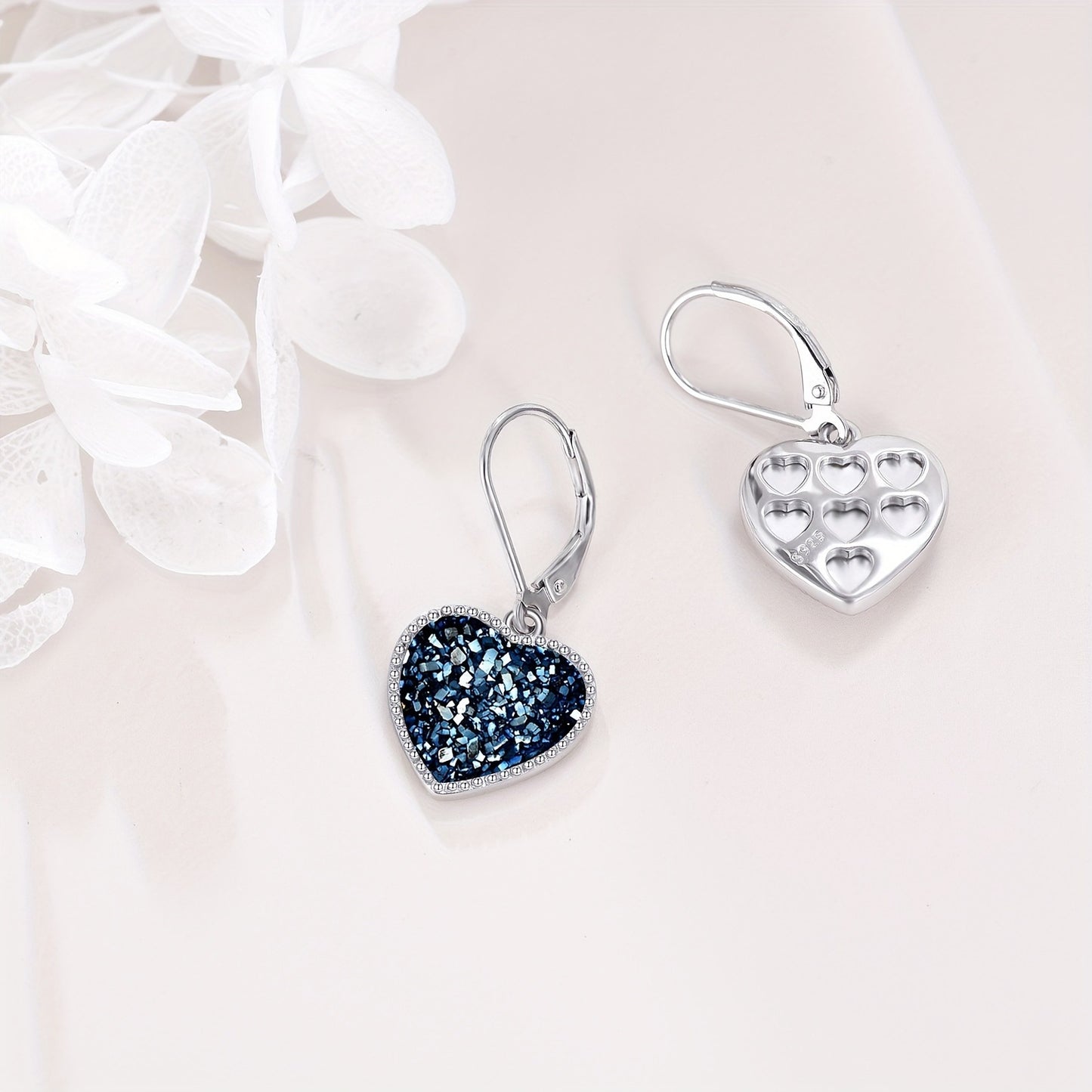Navy Blue Drusy Heart Earrings Sterling Silver Quartz Leverback Dangle Earrings Fashion Jewelry Gift For Women