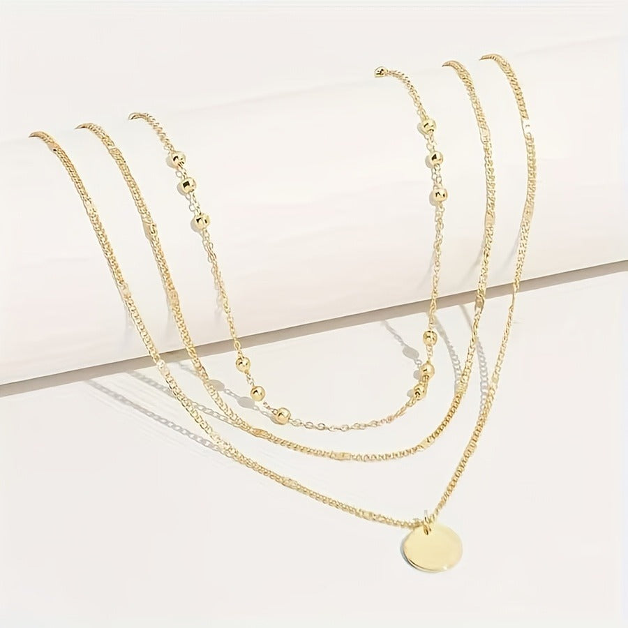A Set Of 3 Retro Fashion Multi-layer Stacked Round Pendant Women's Necklace Sets