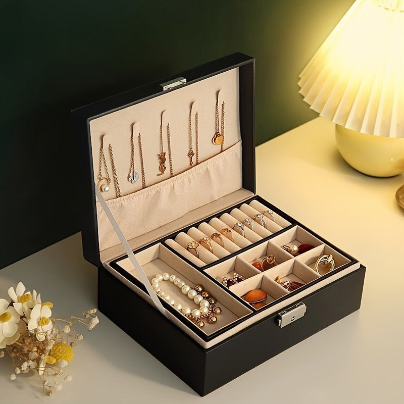 1pc Glam Style Faux Leather Jewelry Box with Key Lock - Double Layer Tabletop Organizer for Women'S Accessories, Multi-Purpose Storage for Earrings, Bracelets, Rings, Necklaces - Cufflink Compartment, Ideal Valentine'S Gift