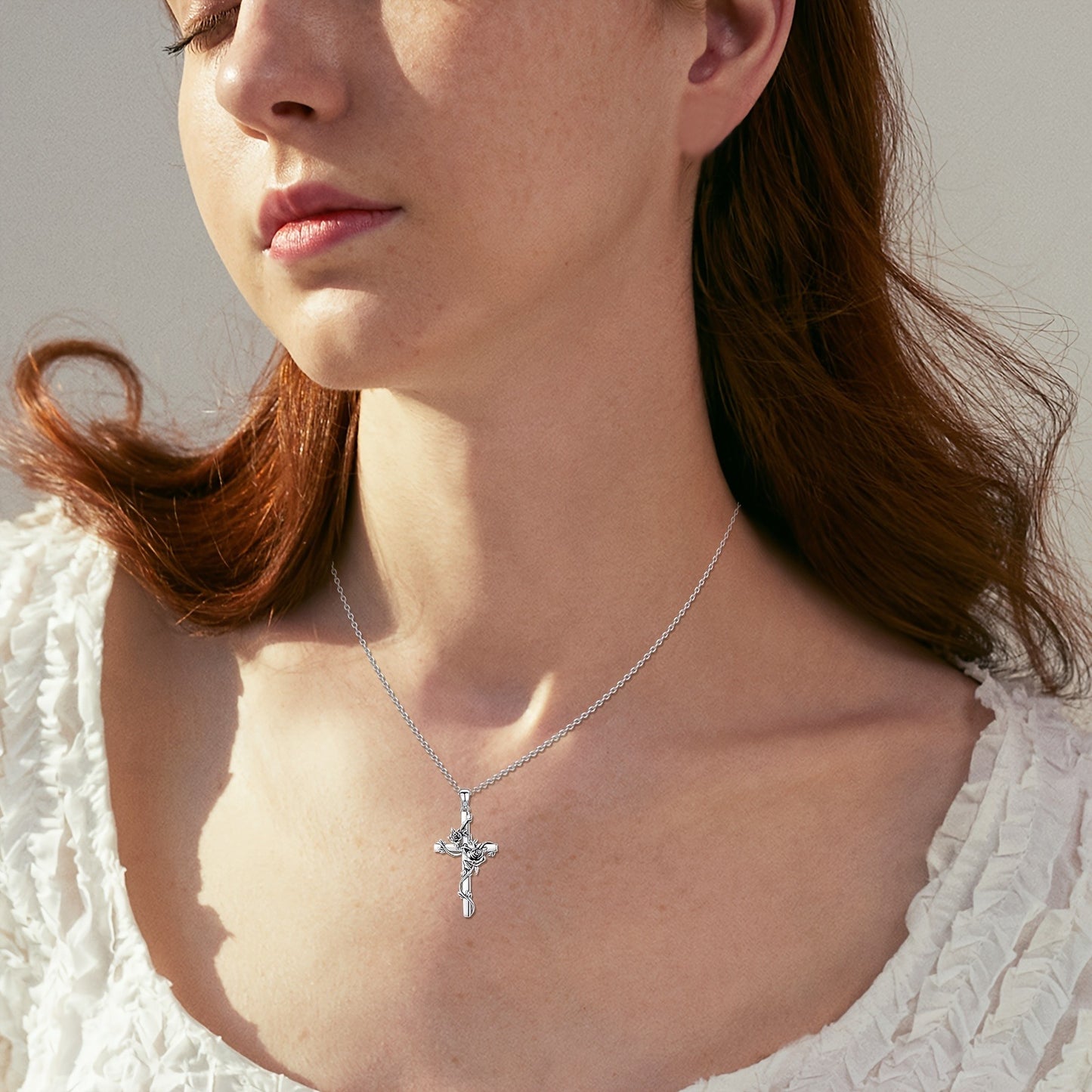 925 Sterling Silvery Rose Crose Pendant Cross Necklace for Women