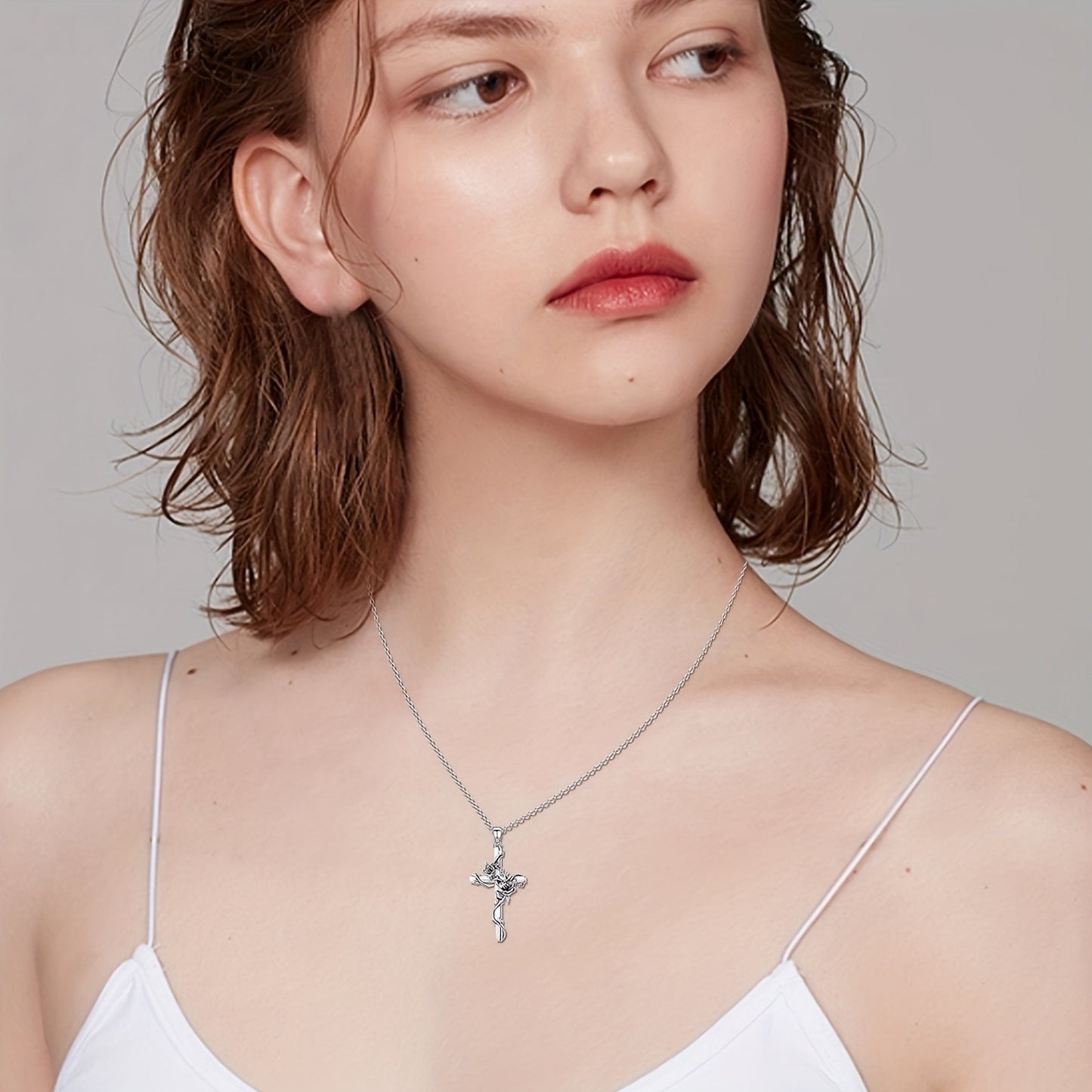 925 Sterling Silvery Rose Crose Pendant Cross Necklace for Women