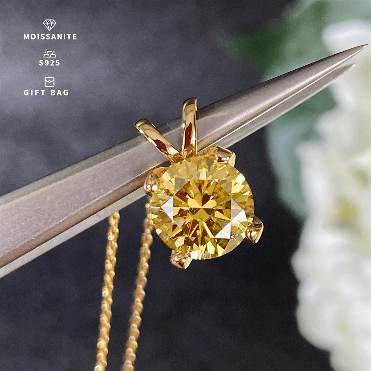 Elegant Moissanite S925 Sterling Silvery Pendant Necklace - Sparkling Round Cut, Yellow-Golden Hue, Perfect for Weddings, Daily Wear & Special Occasions, Ideal Gift for Mother'S Day & Easter