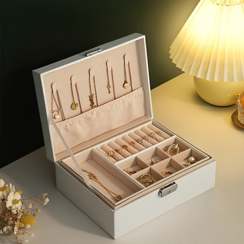 1pc Glam Style Faux Leather Jewelry Box with Key Lock - Double Layer Tabletop Organizer for Women'S Accessories, Multi-Purpose Storage for Earrings, Bracelets, Rings, Necklaces - Cufflink Compartment, Ideal Valentine'S Gift