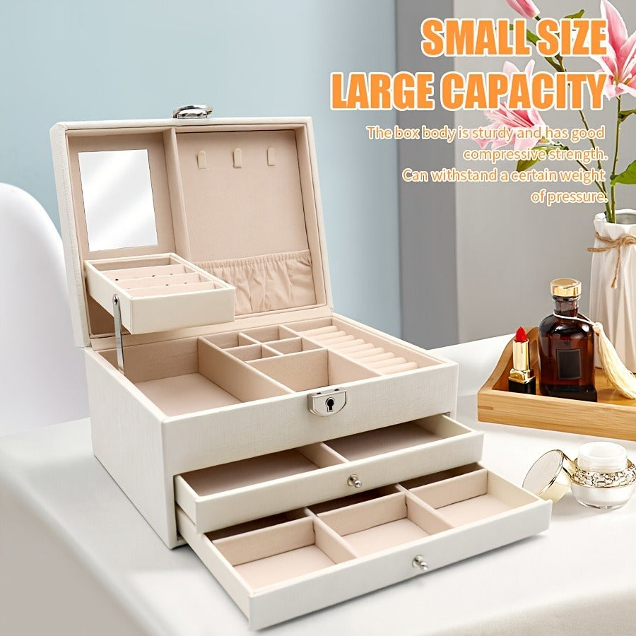 1pc Luxurious Faux Leather Jewelry Box - 3-Layer Organizer with Drawers for Earrings, Rings, Necklaces & Accessories - Elegant Display for Home Organization, Ideal Gift for Girlfriend, Bedroom, Dresser, Vanity