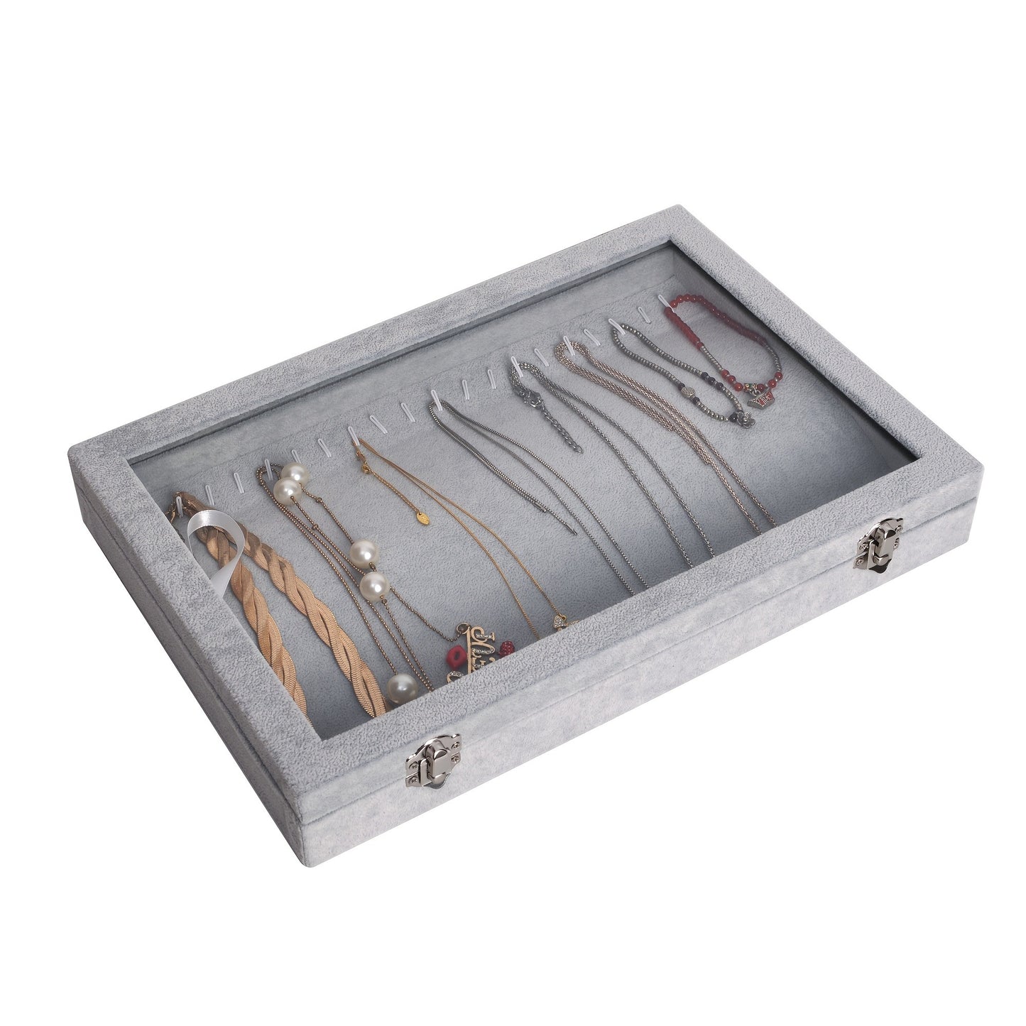 1pc Artistic Polyester Jewelry Organizer Box with Detachable Tray and Clear Glass Lid - Independent, Power-Free, Under 3.2 Cubic Feet Capacity, Necklace, Ring, Earring, Bracelet Display Case
